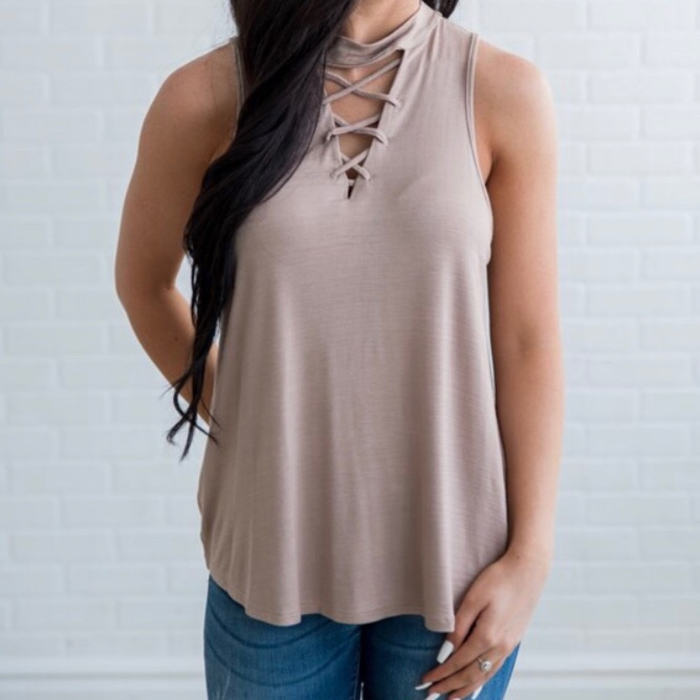 Taupe lace up tank top